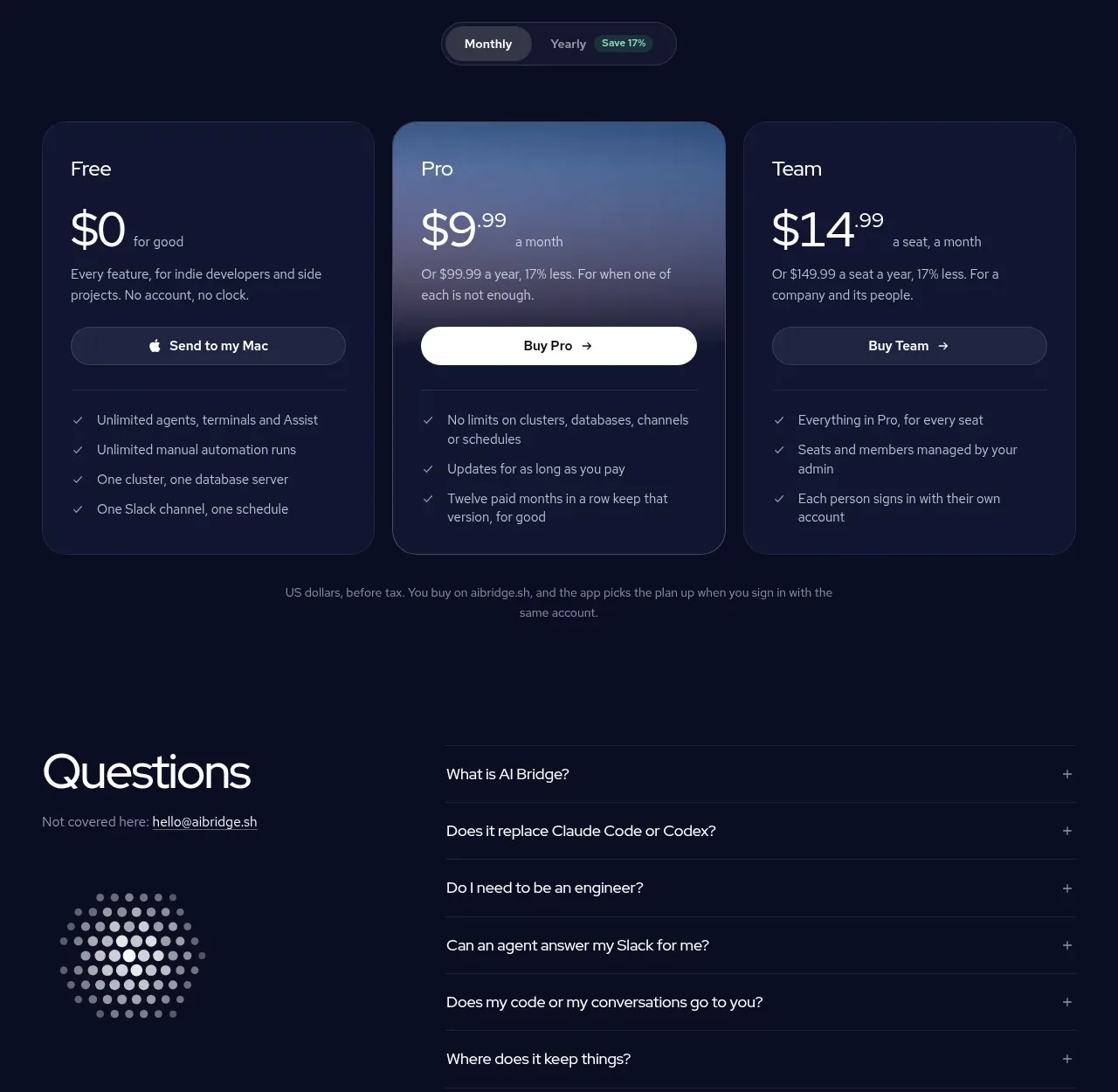 AI Bridge pricing table component