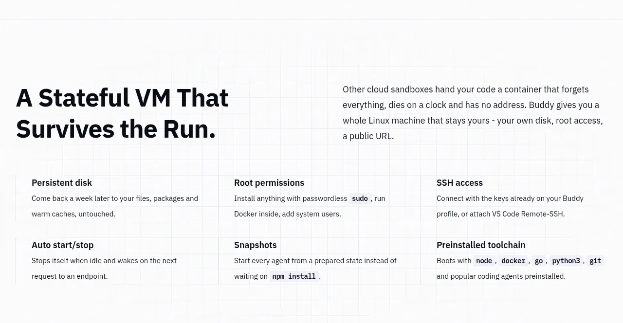 AI Sandboxes by Buddy feature grid component