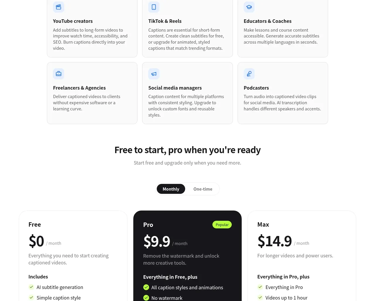 autocaptioner.com pricing table component