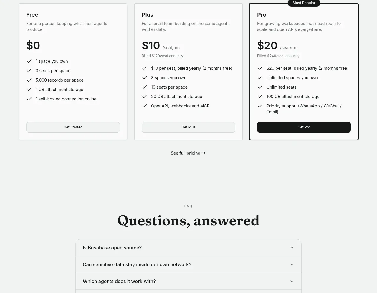 Busabase pricing table component
