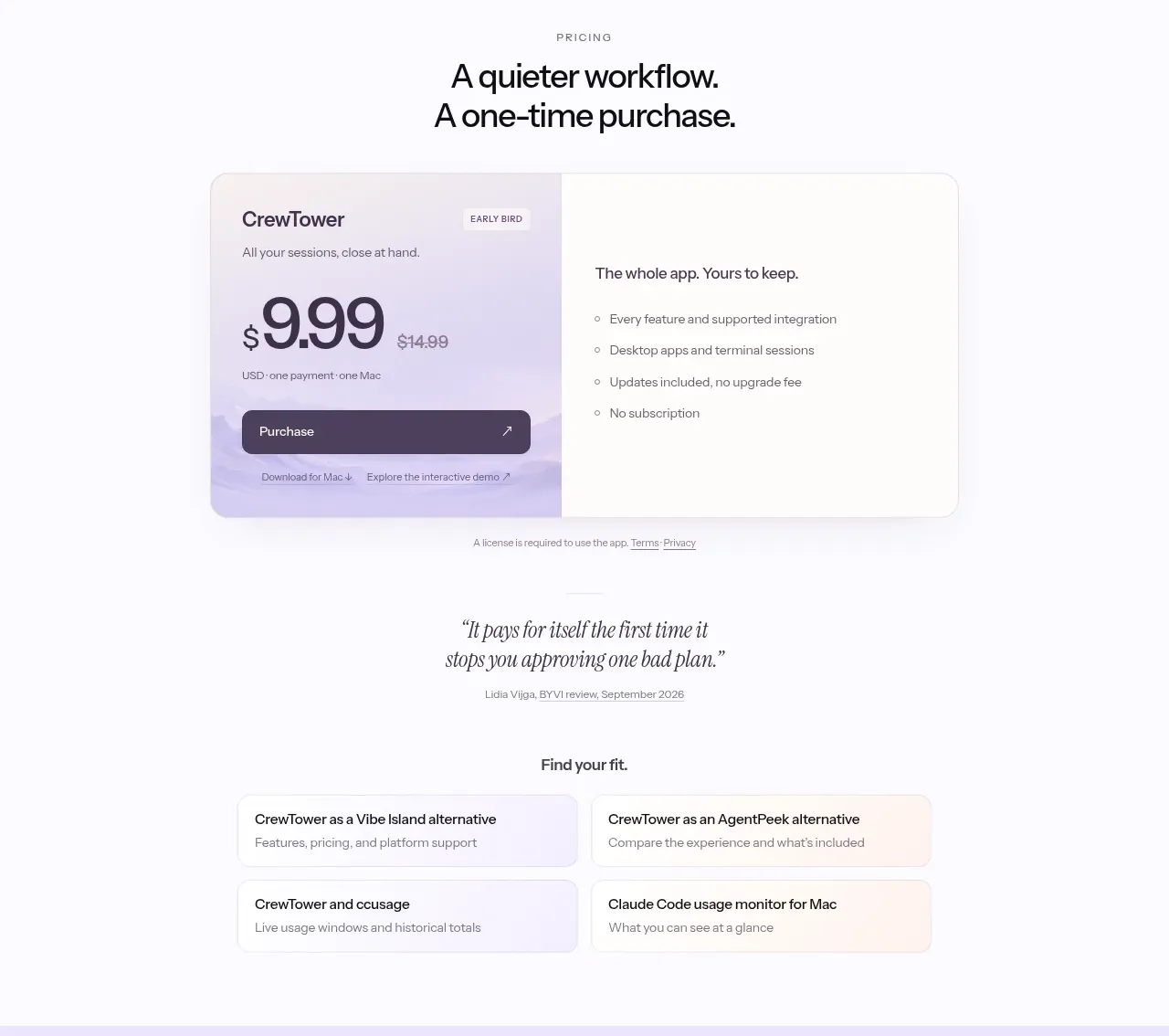 CrewTower Mod for Claude Code pricing table component