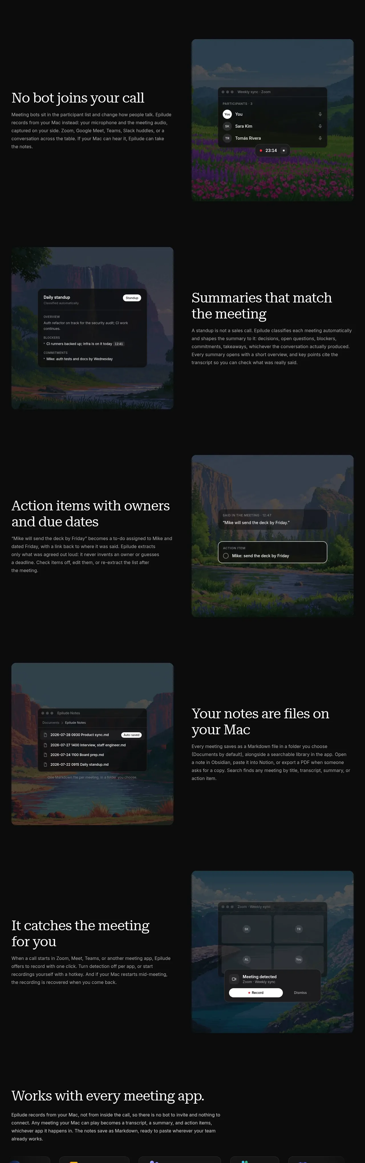 Epilude Notetaker feature grid component