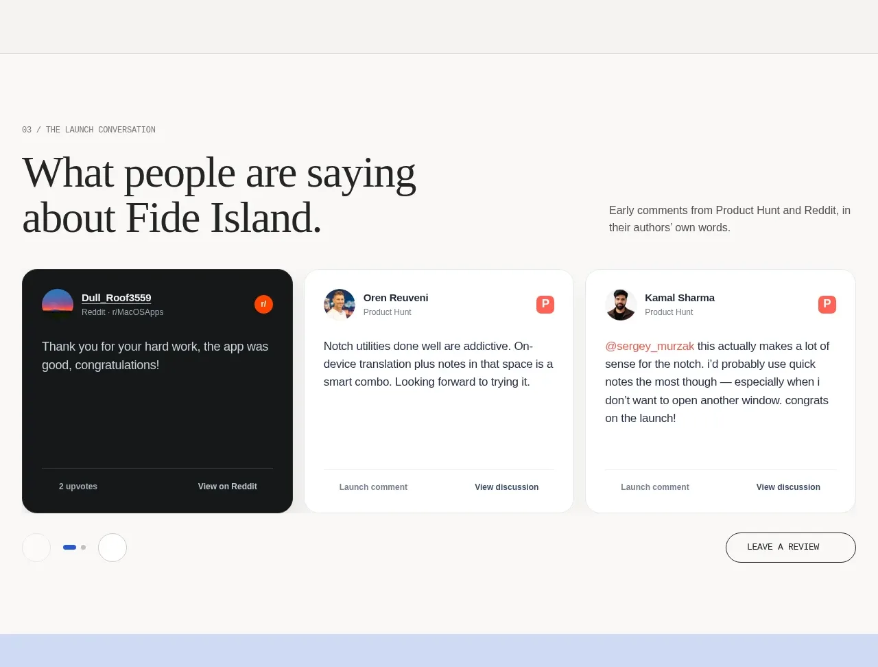 Fide Island testimonials component