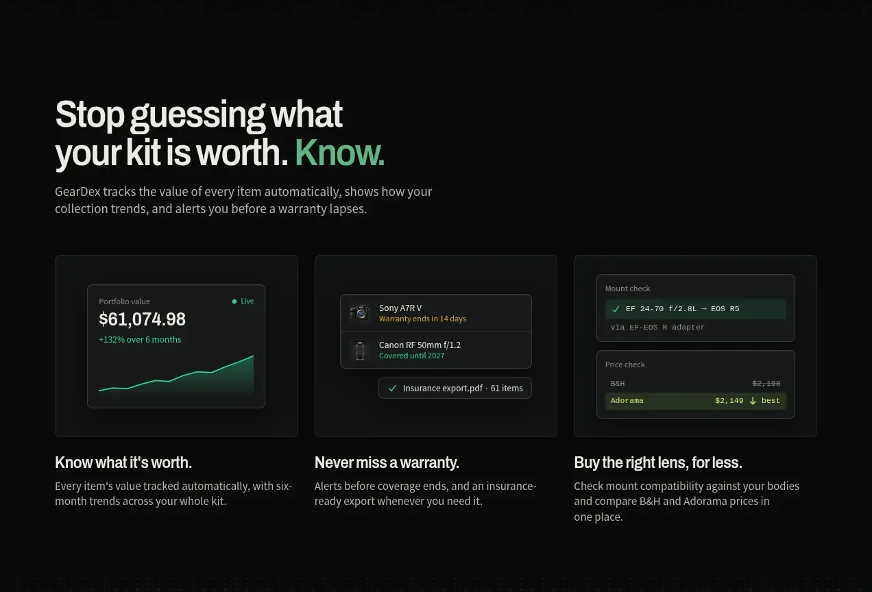 geardex.app feature grid component