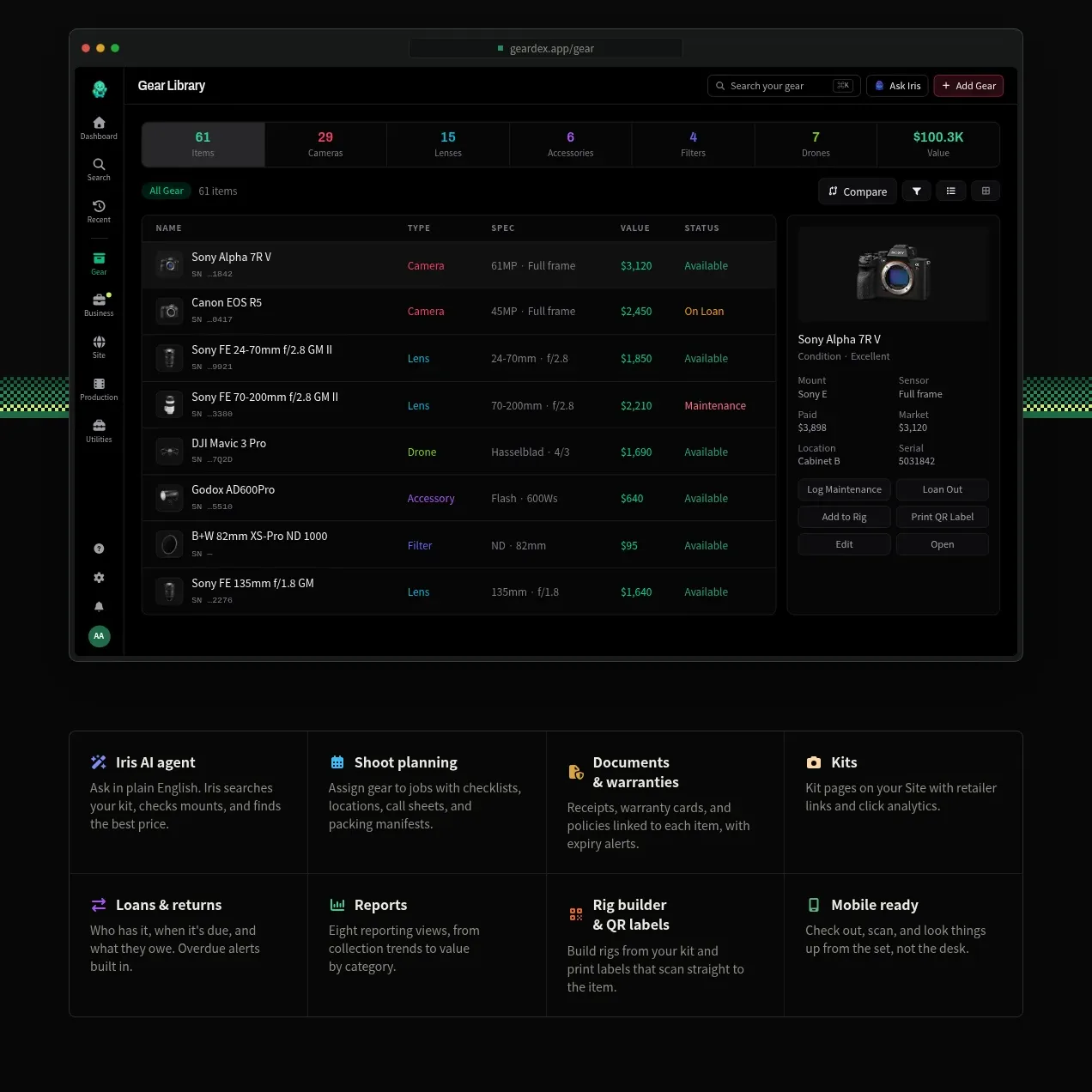 geardex.app feature grid component