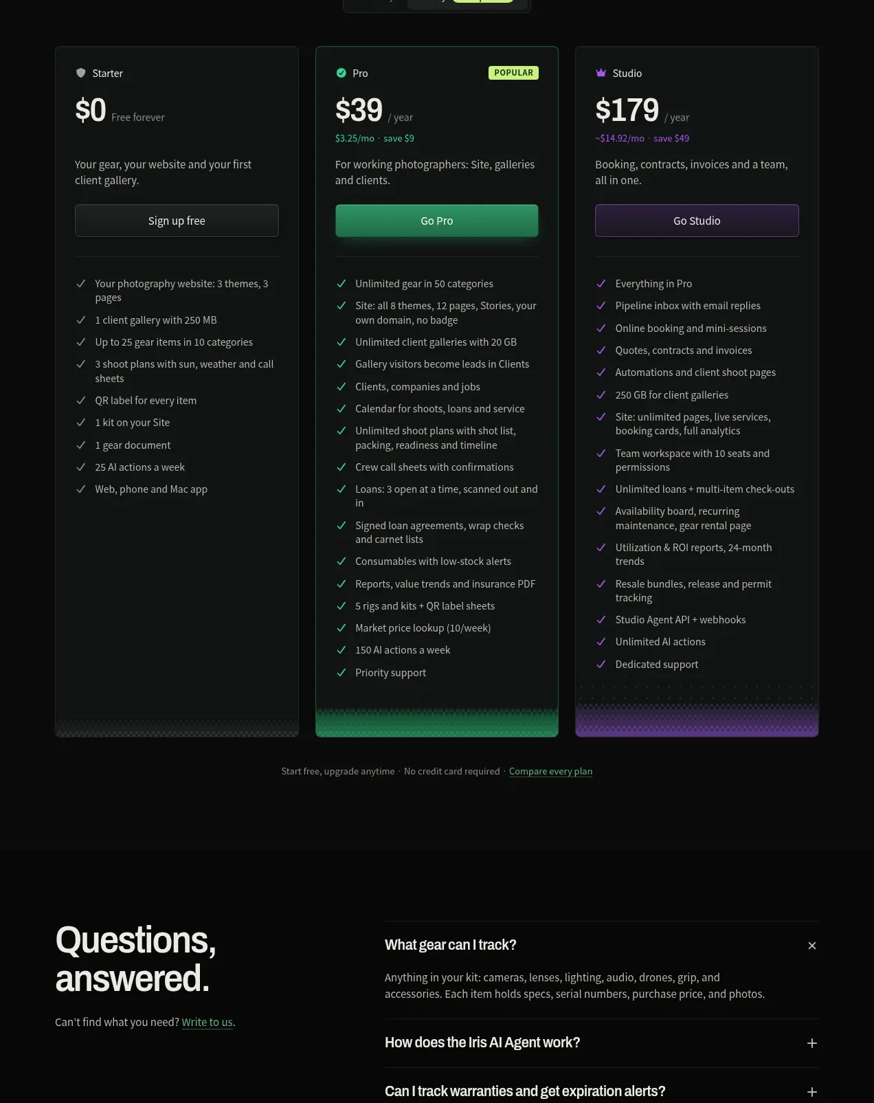 geardex.app pricing table component