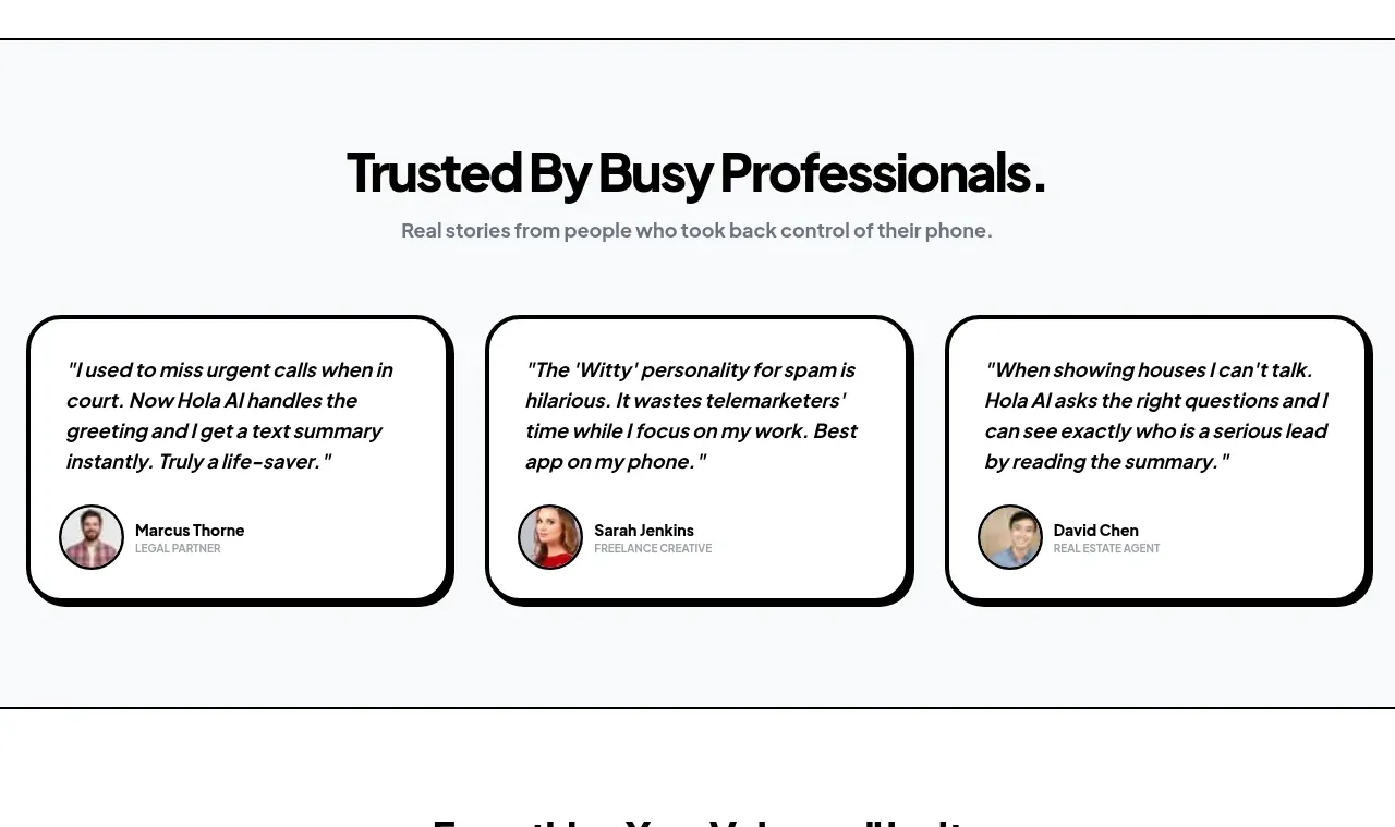 Hola AI testimonials component