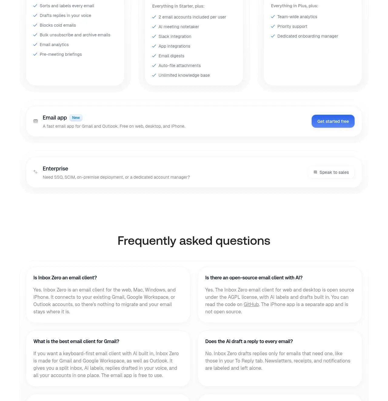 Inbox Zero pricing table component
