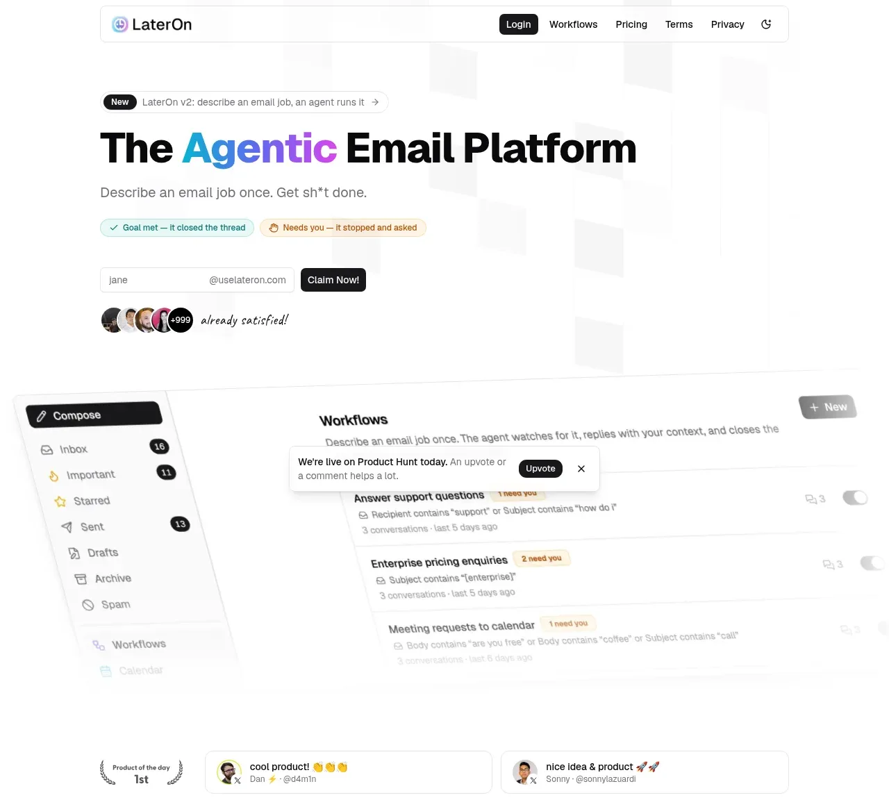 LaterOn v2: The agentic email plaftform hero component
