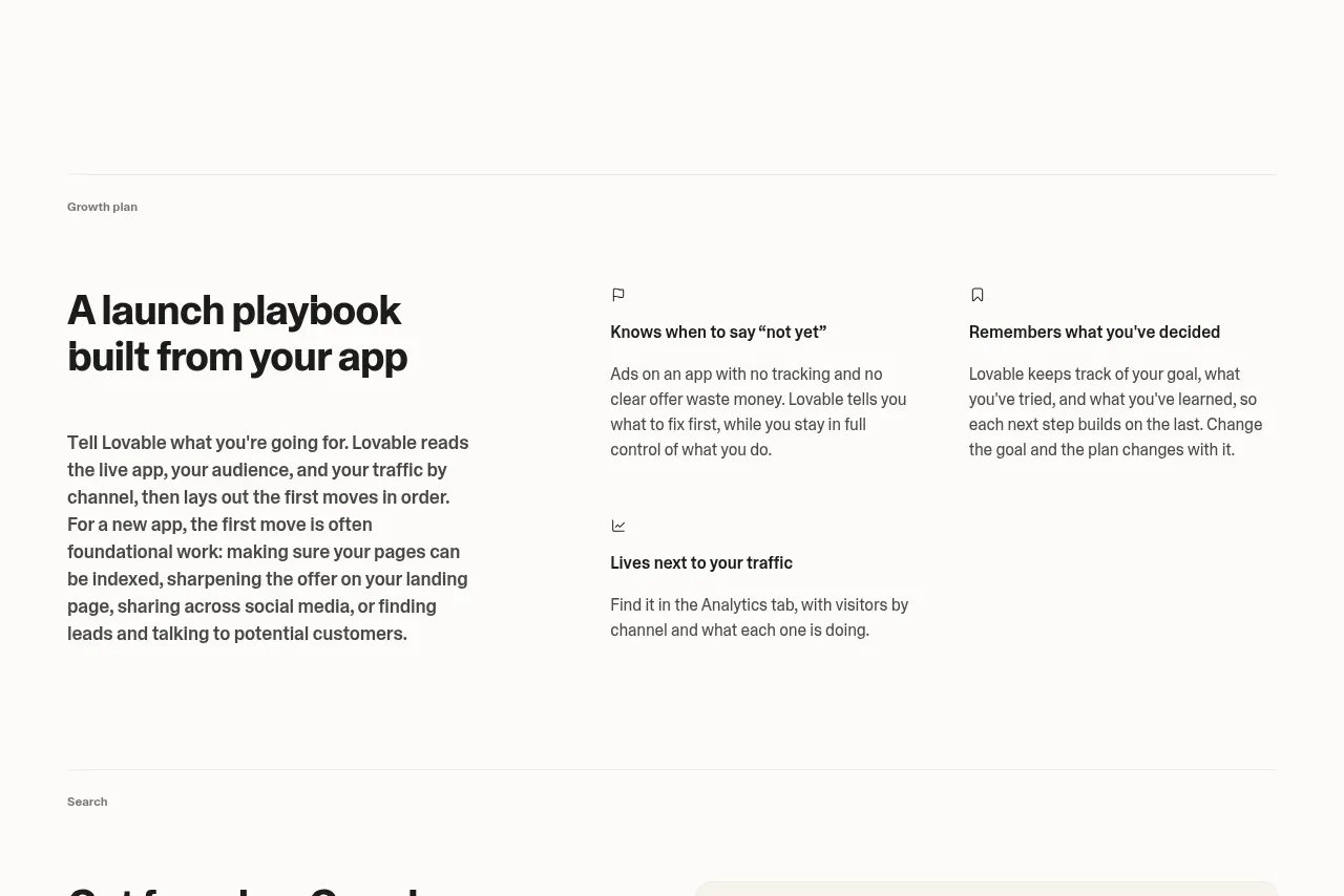 Lovable Growth Tools feature grid component