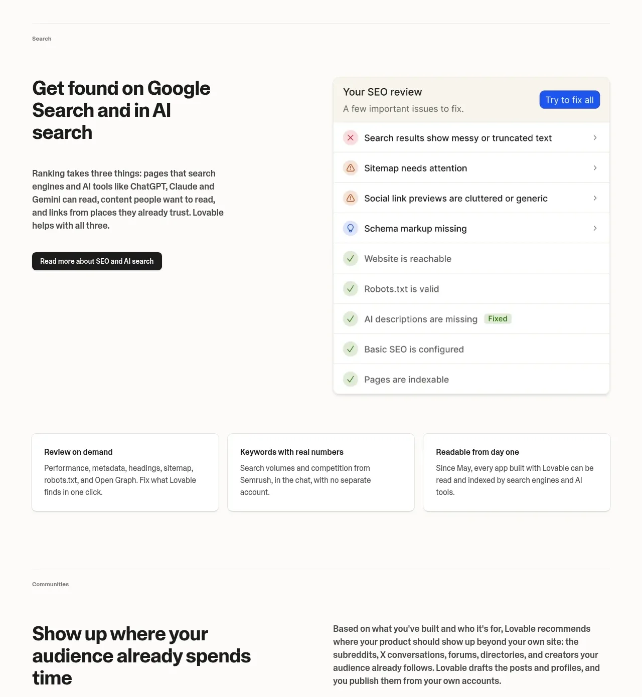 Lovable Growth Tools feature grid component