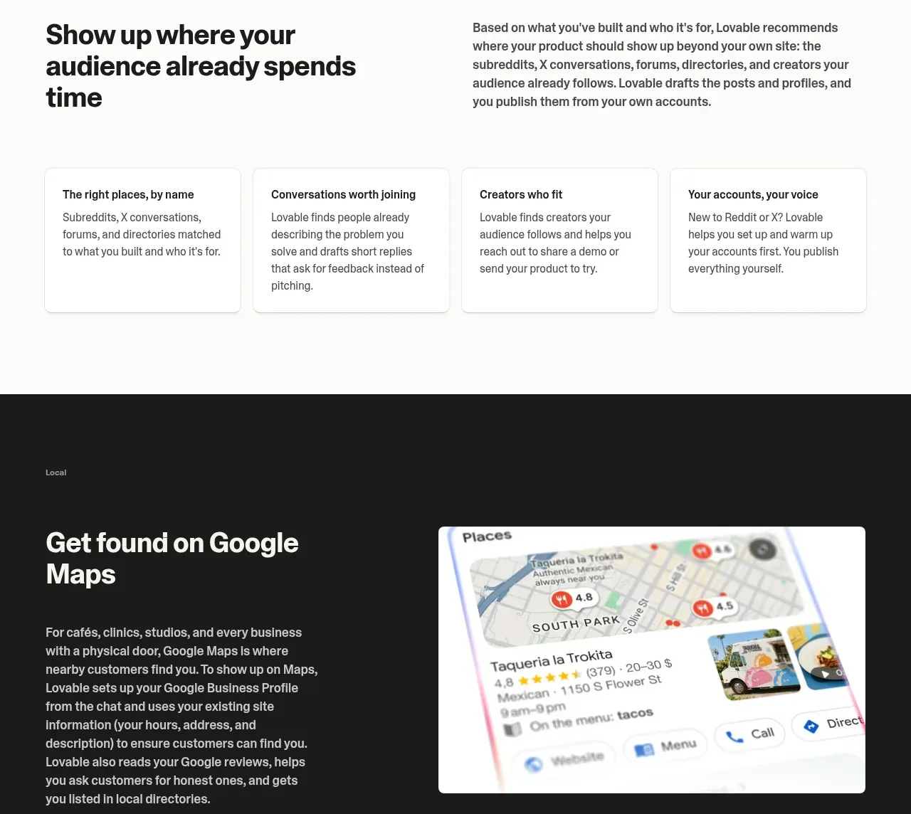 Lovable Growth Tools feature grid component