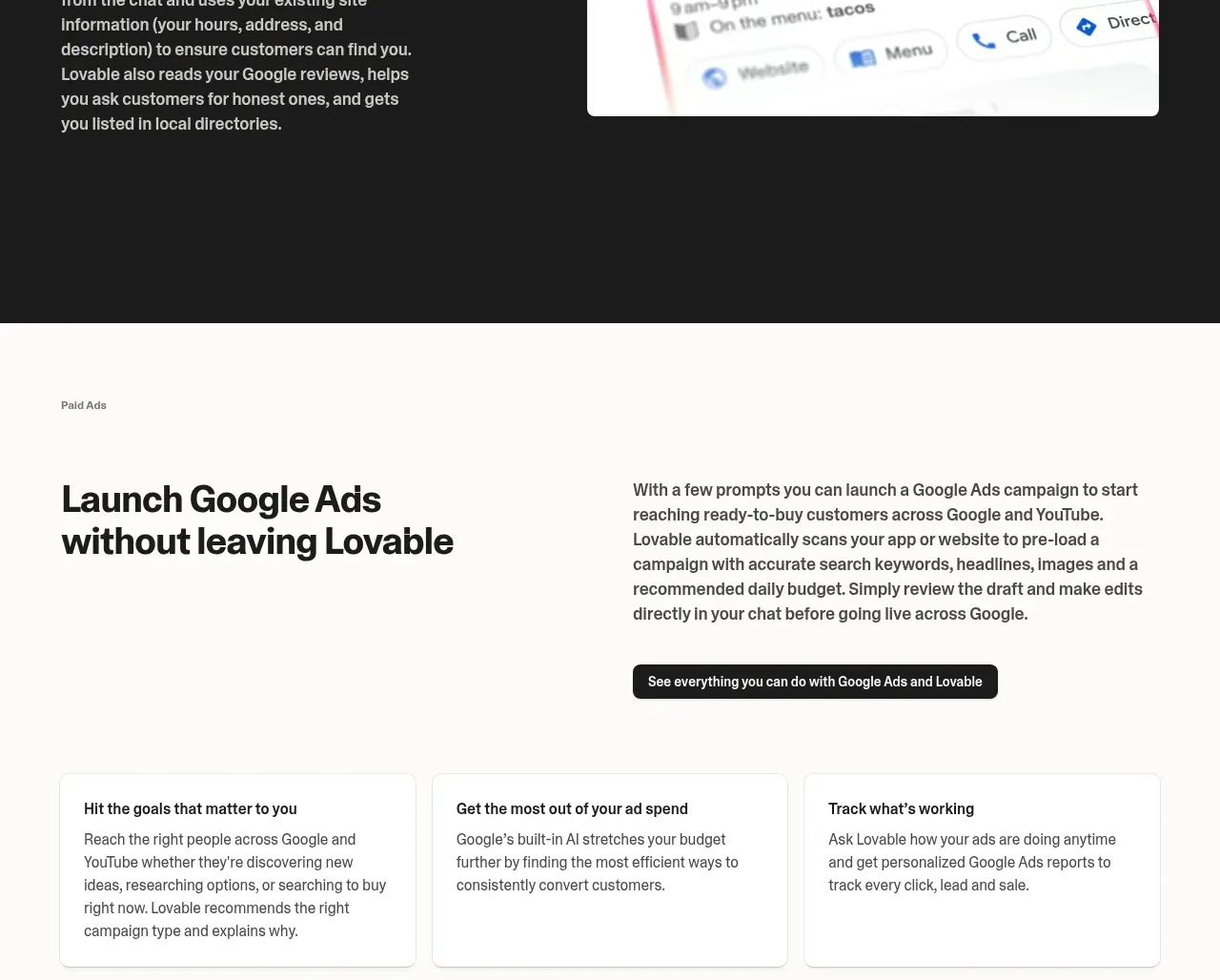 Lovable Growth Tools feature grid component