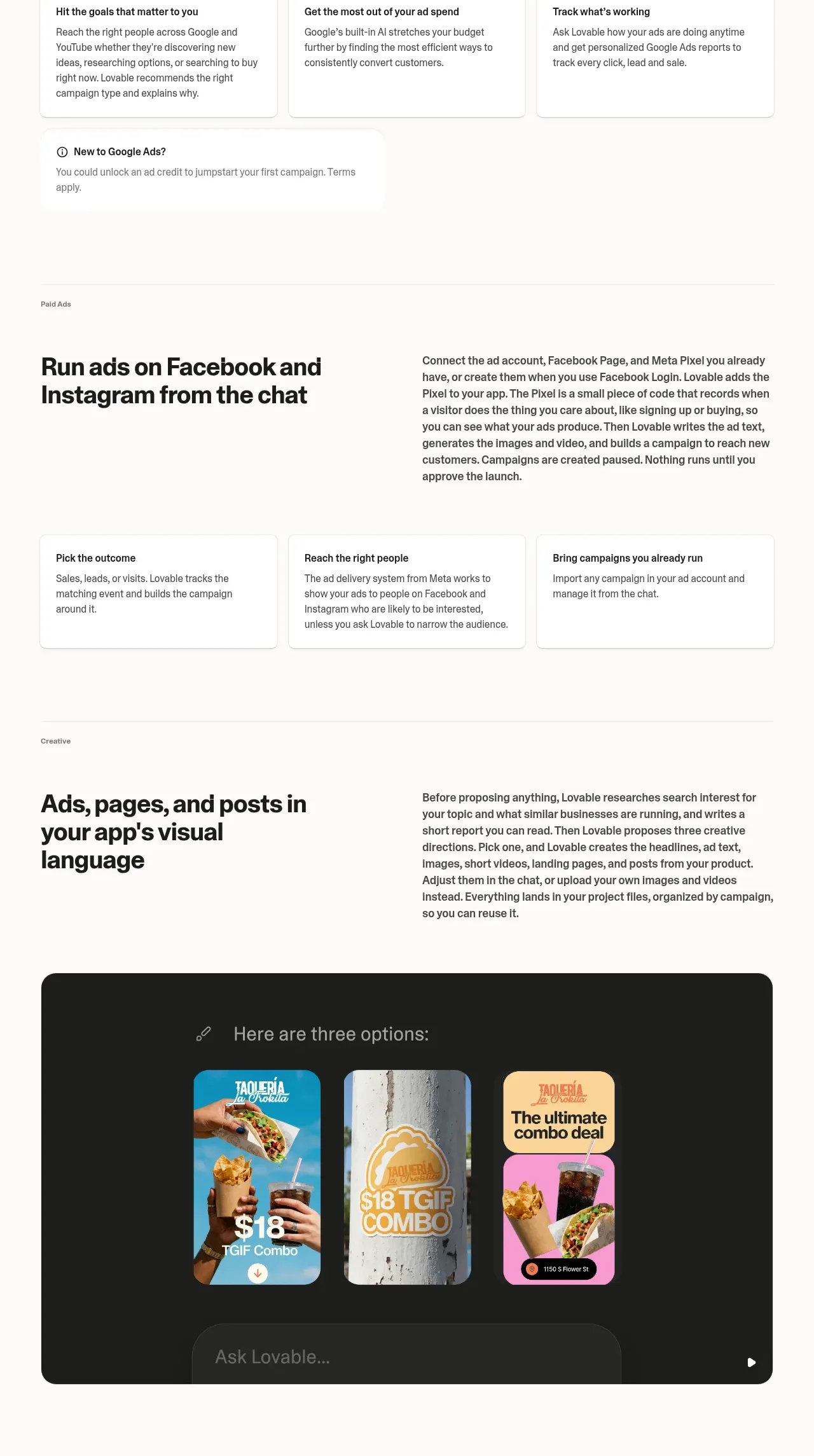 Lovable Growth Tools feature grid component