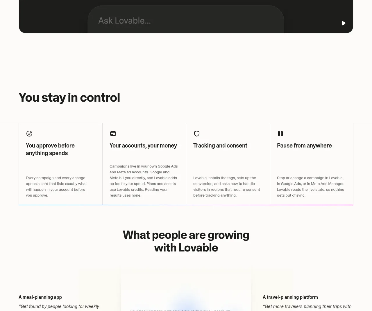 Lovable Growth Tools feature grid component