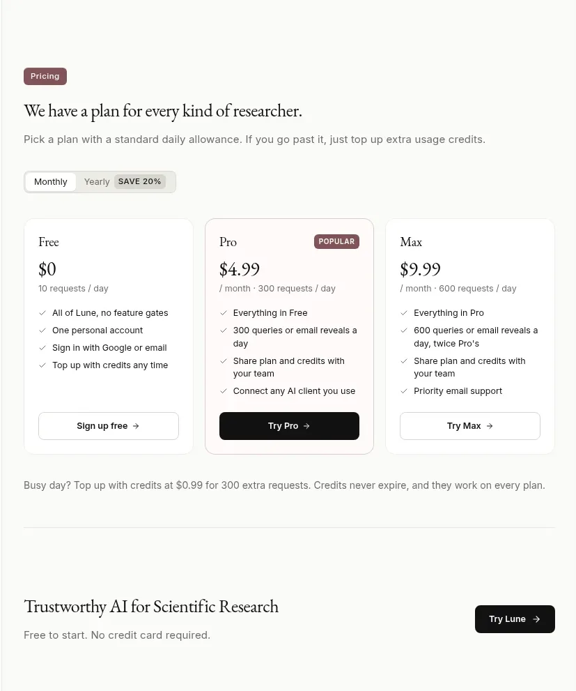 Lune pricing table component