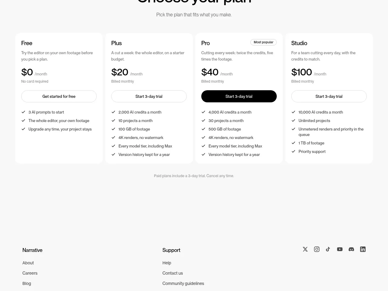 Narrative pricing table component