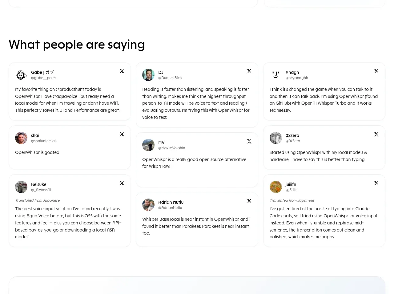 OpenWhispr for iOS testimonials component