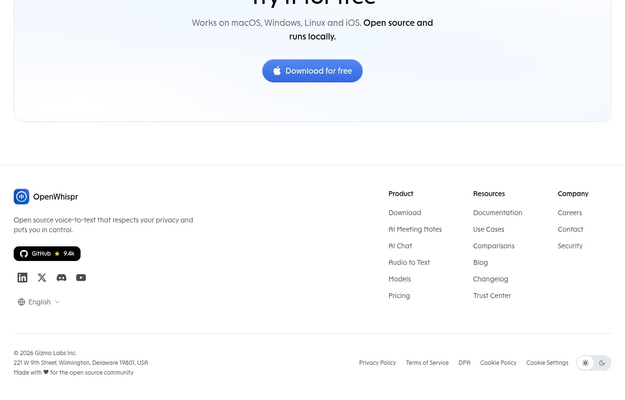 OpenWhispr for iOS footer component