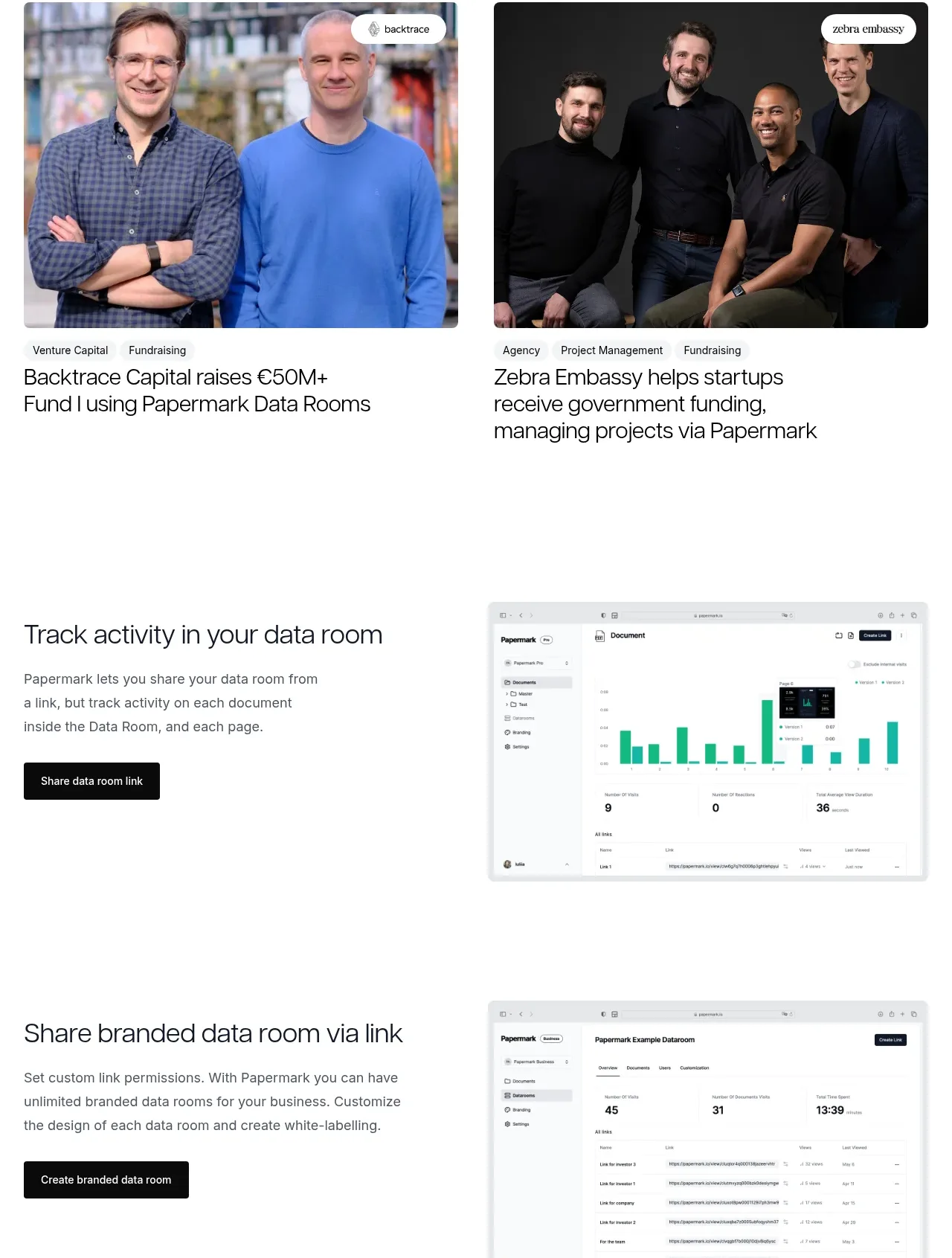Papermark Data Rooms testimonials component