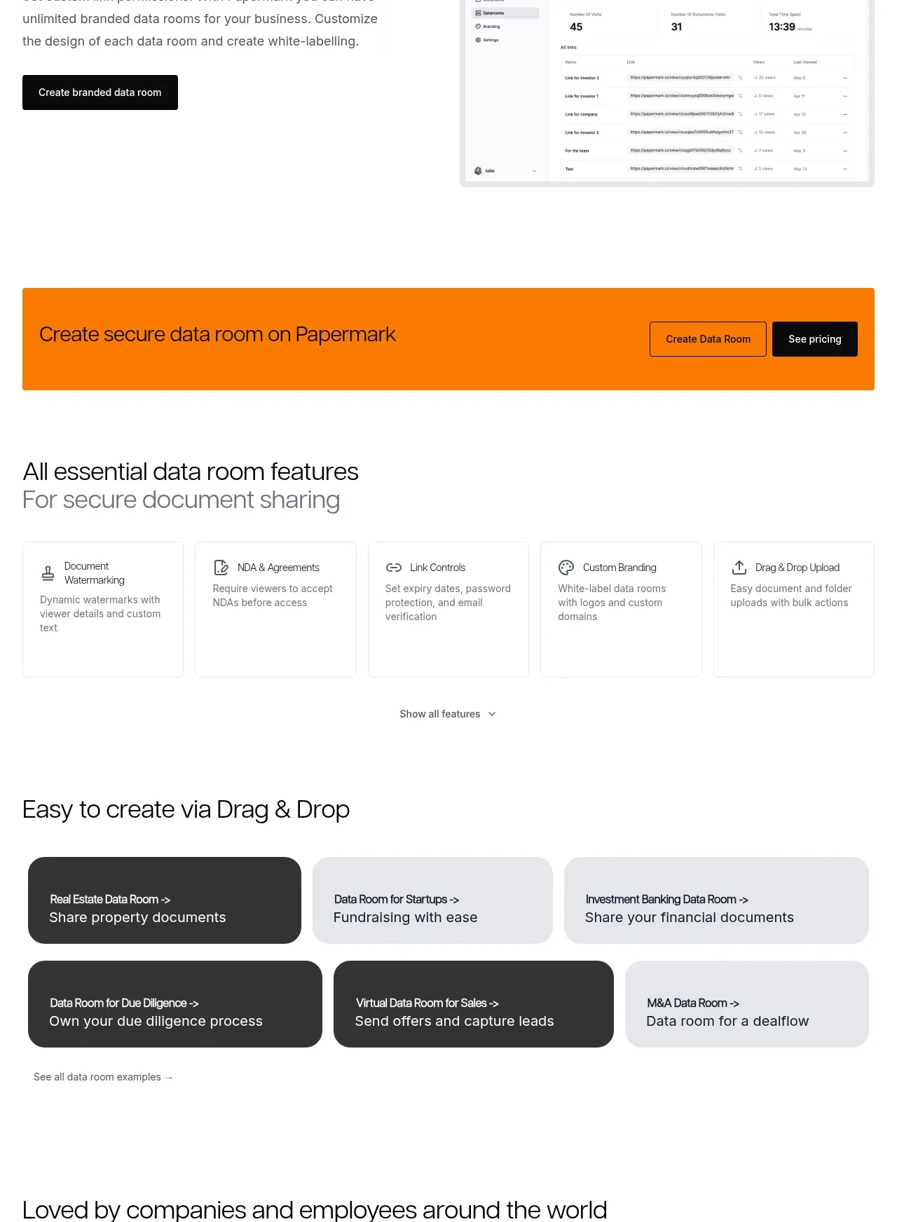 Papermark Data Rooms feature grid component