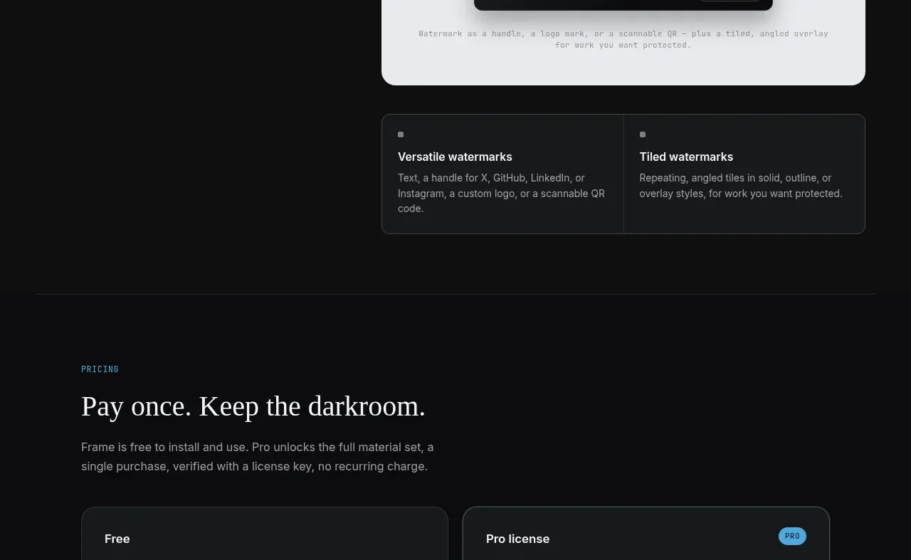 Portfolio Frame pricing table component