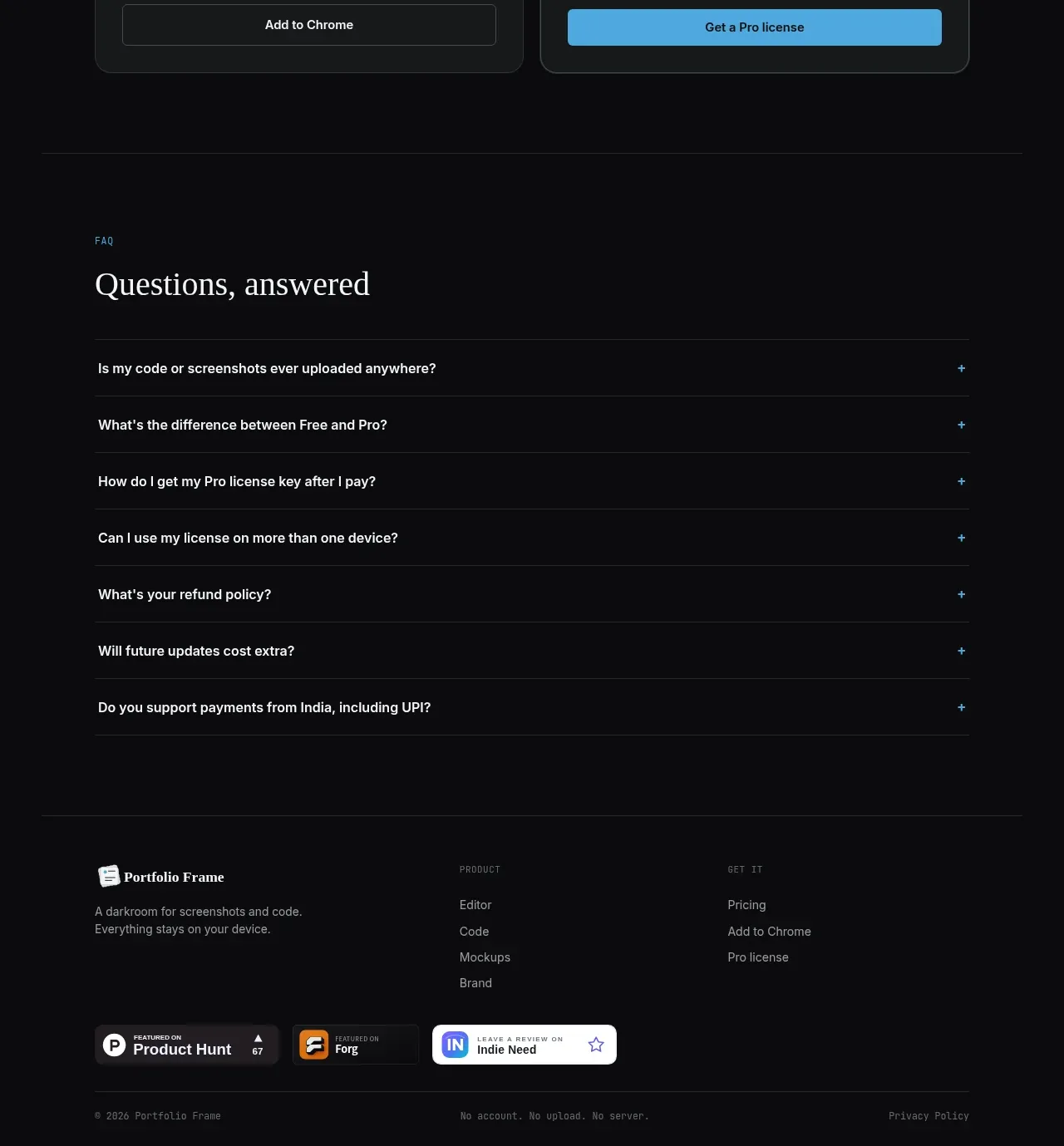 Portfolio Frame footer component