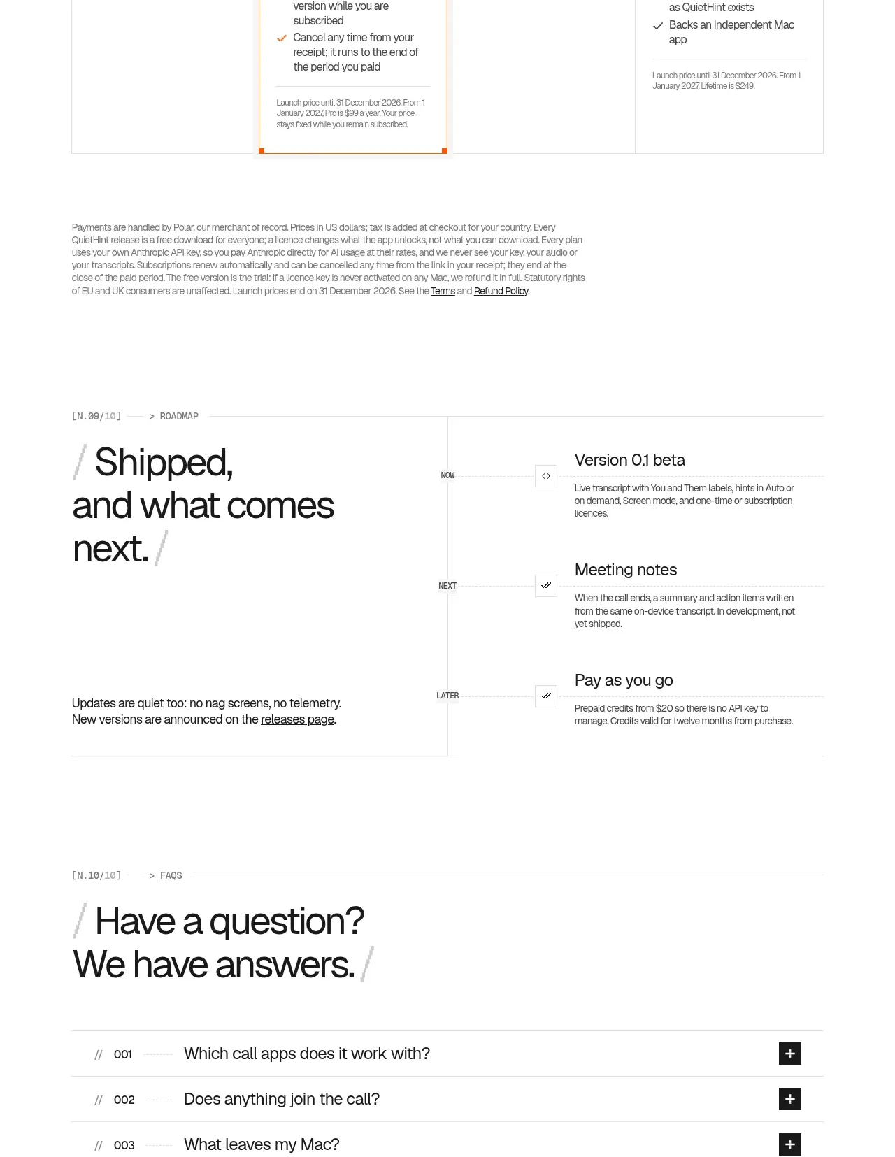 QuietHint® pricing table component