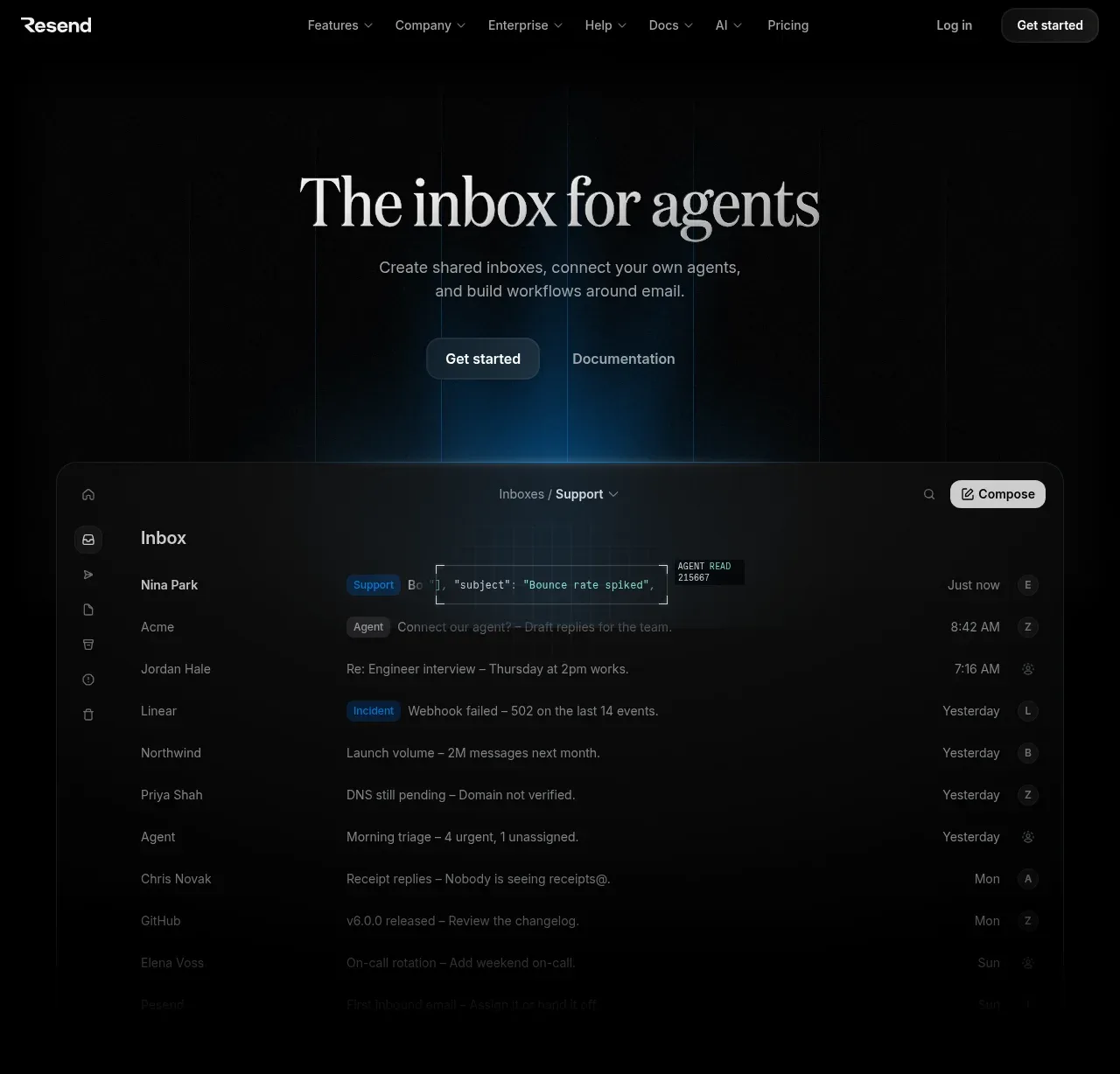 Resend Inboxes hero component