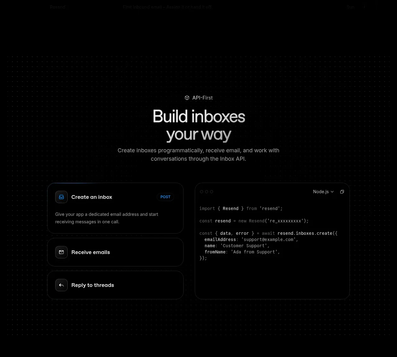 Resend Inboxes feature grid component