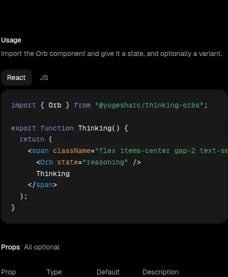 Thinking Orbs code block component