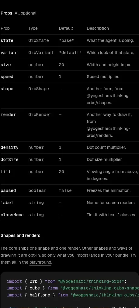 Thinking Orbs table component