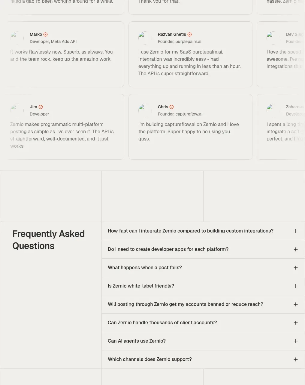 Zernio testimonials component