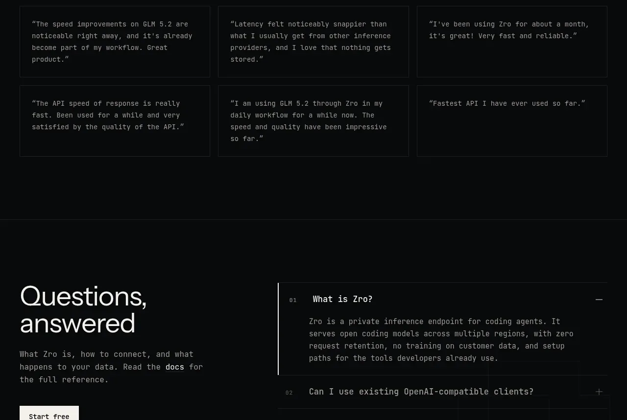 Zro: Uncensored Security Models testimonials component