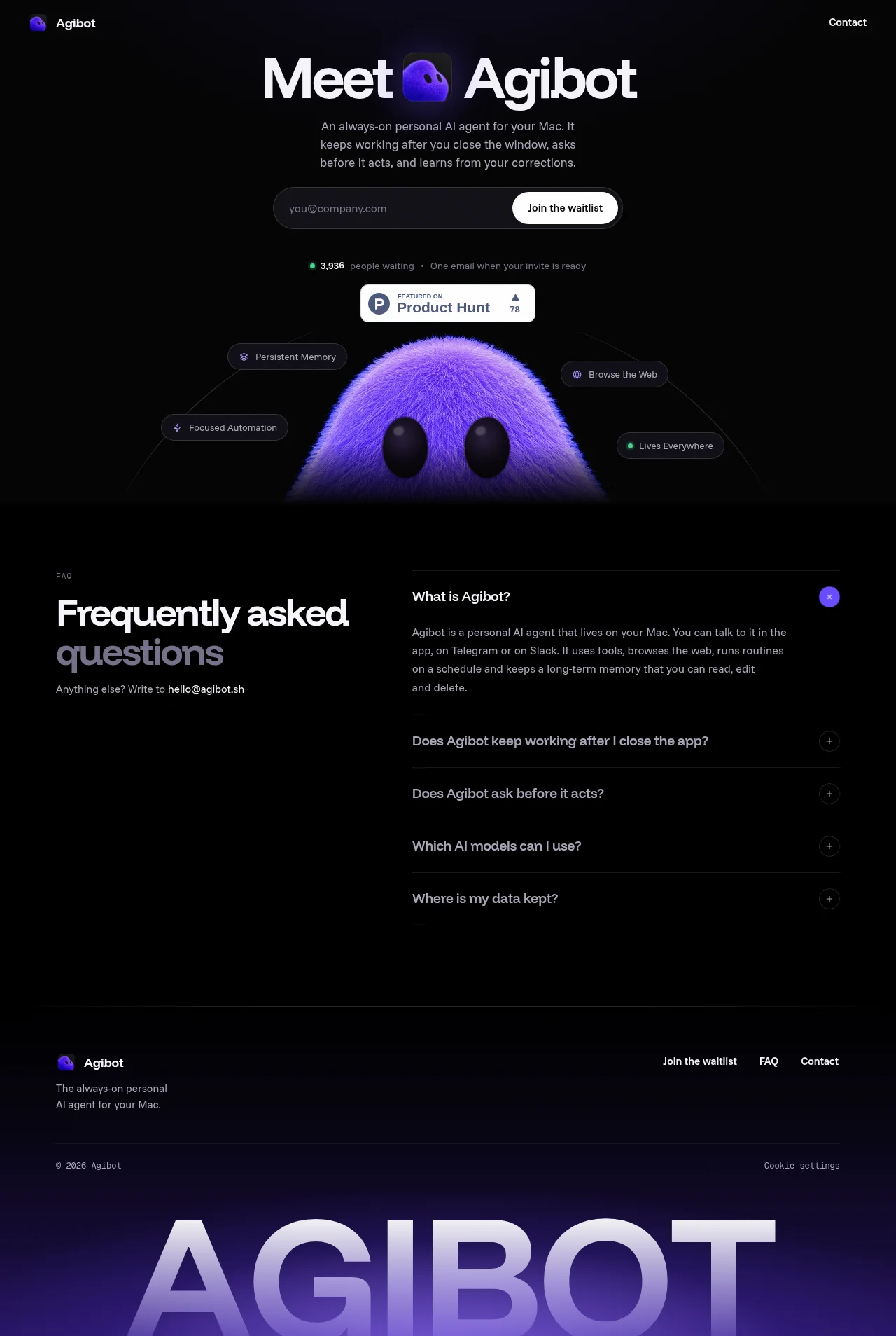Agibot · Landing page · Dark · Playful · Minimal screenshot