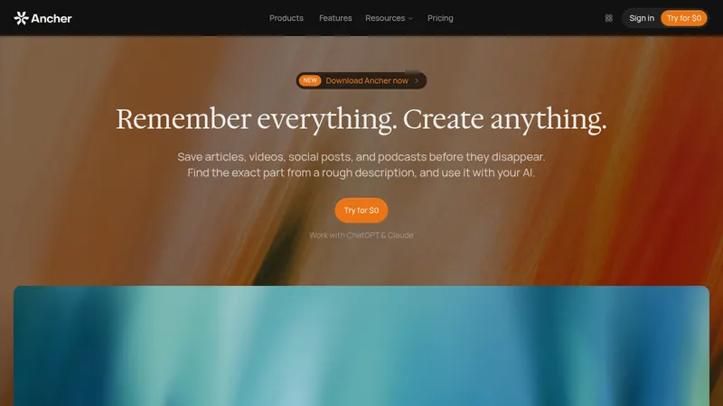 Ancher 2.0 · Landing page · Dark · Editorial · Gradient screenshot