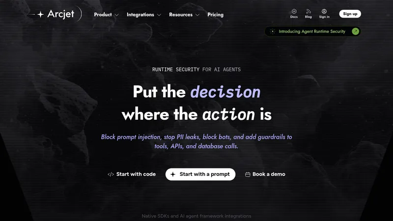 Arcjet · Landing page · Dark · Minimal · Editorial screenshot