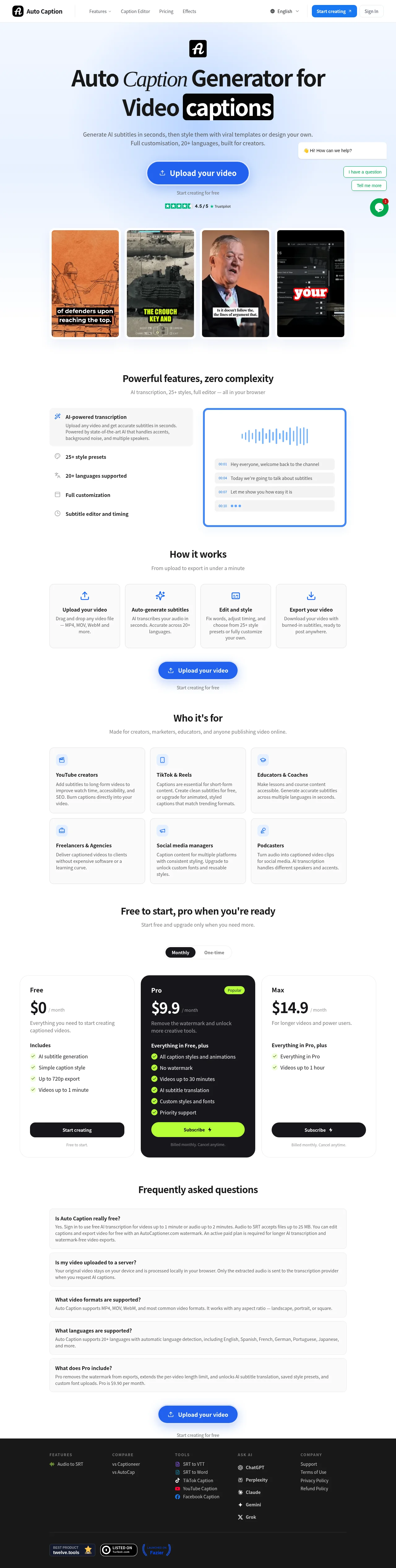 autocaptioner.com · Landing page · Minimal · Playful screenshot