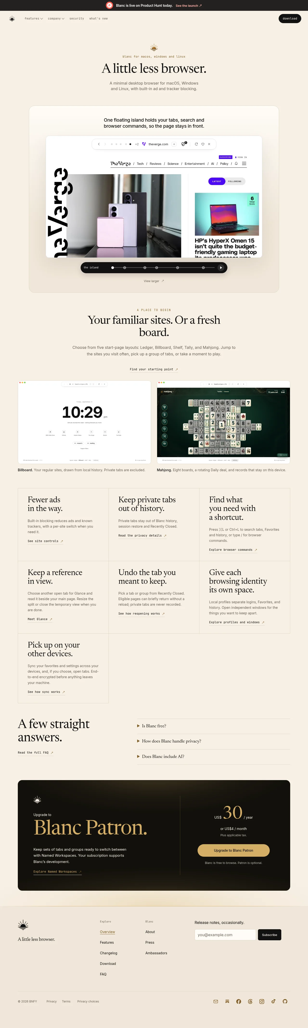 Blanc · Landing page · Editorial · Minimal · Retro screenshot