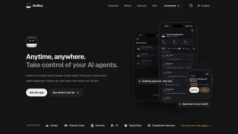 BotBus · Landing page · Dark · Minimal screenshot