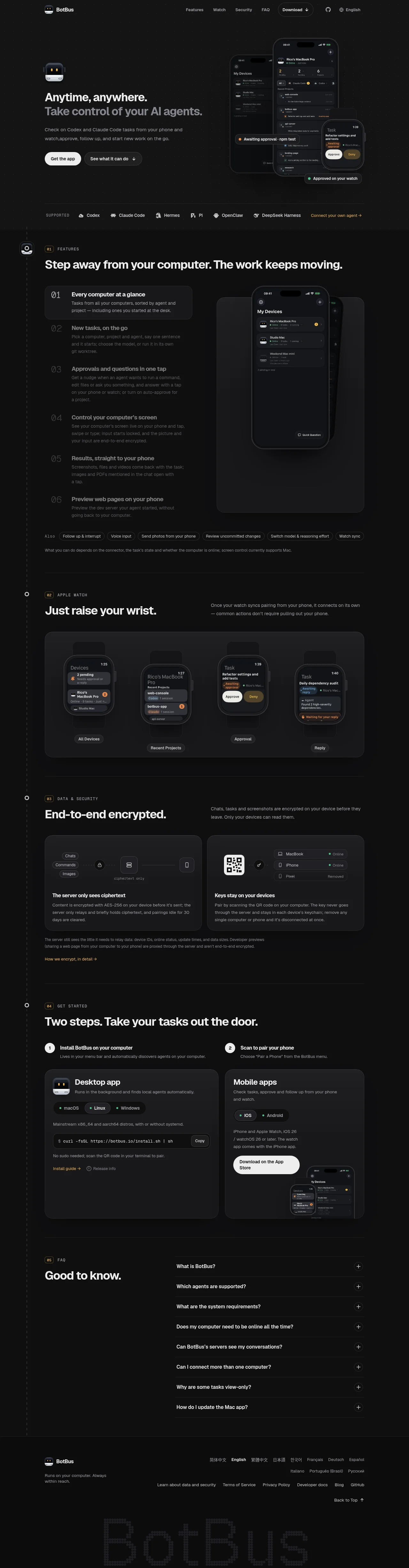 BotBus · Landing page · Dark · Minimal screenshot