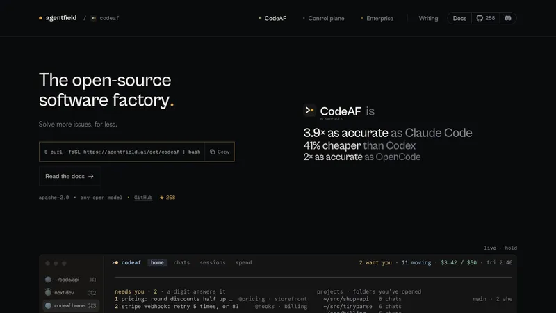 CodeAF · Landing page · Dark · Minimal · Editorial screenshot