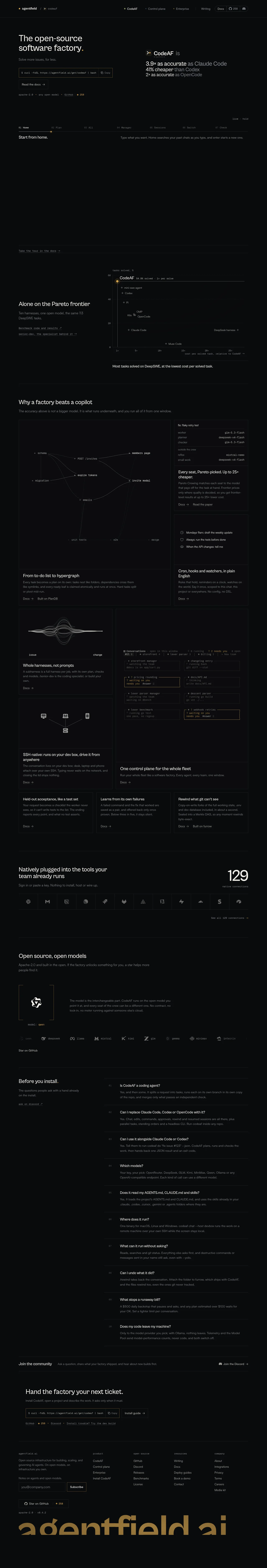 CodeAF · Landing page · Dark · Minimal · Editorial screenshot
