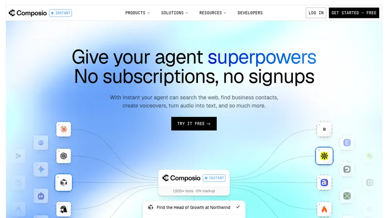 Composio Instant · Landing page · Minimal · Gradient screenshot