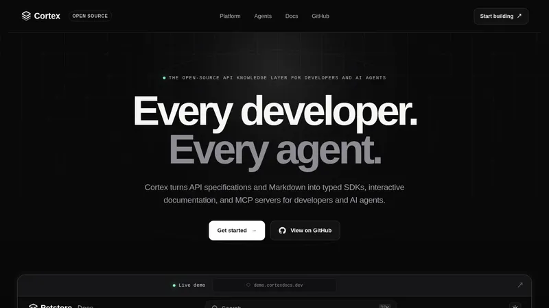 Cortex · Landing page · Dark · Minimal · Editorial screenshot
