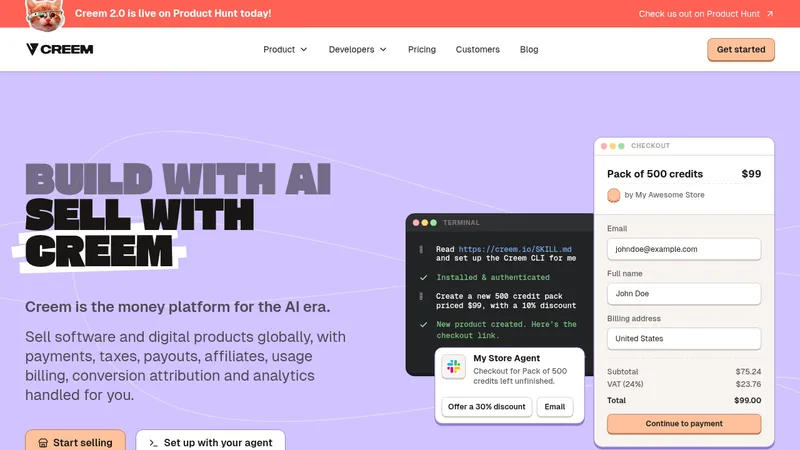 CREEM 2.0 · Landing page · Playful · Illustrated · Dark screenshot