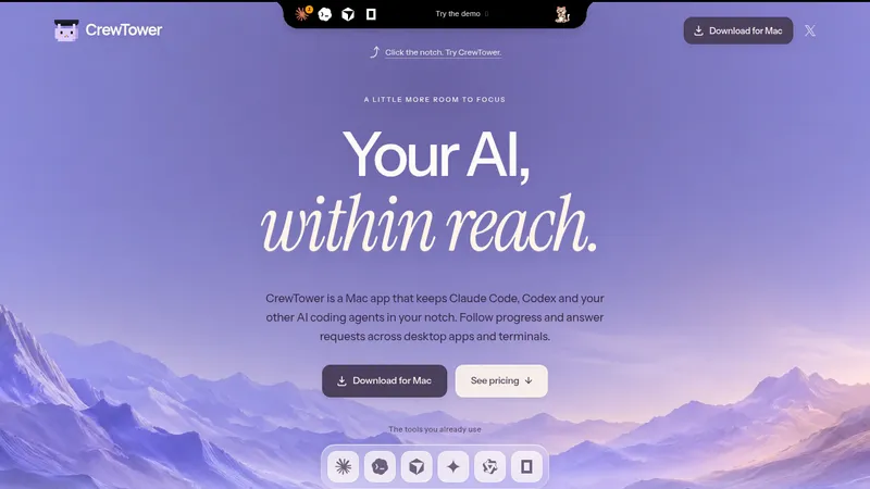 CrewTower Mod for Claude Code · Landing page · Minimal · Gradient · Editorial screenshot