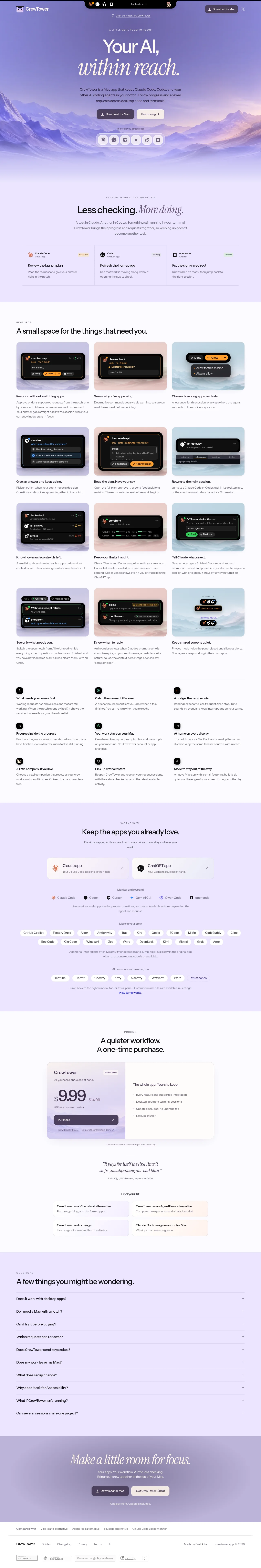CrewTower Mod for Claude Code · Landing page · Minimal · Gradient · Editorial screenshot