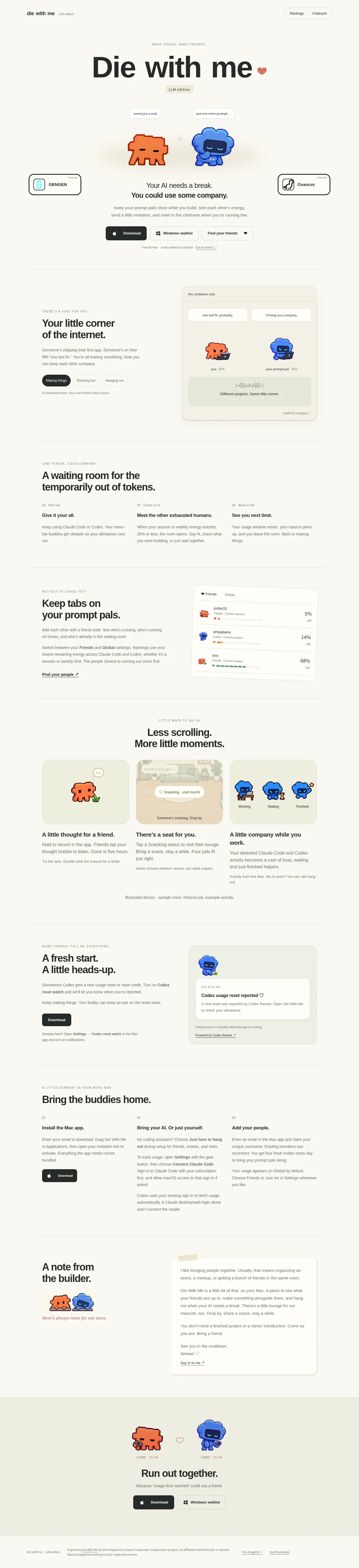 Die With Me · Landing page · Minimal · Illustrated · Editorial screenshot