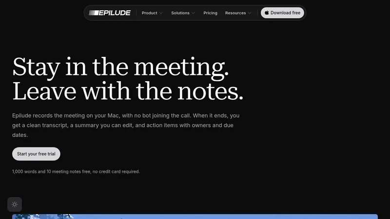 Epilude Notetaker · Landing page · Dark · Minimal · Editorial screenshot